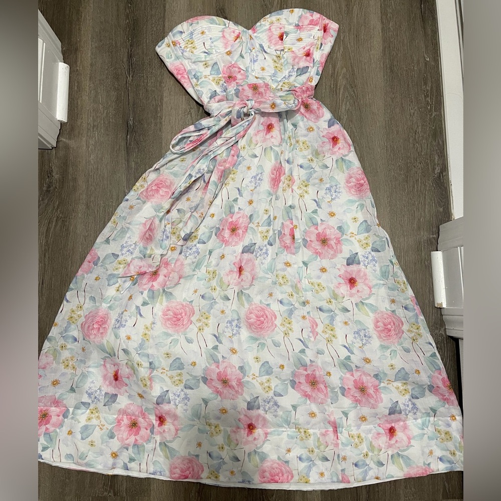 Bardot floral strapless midi dress
